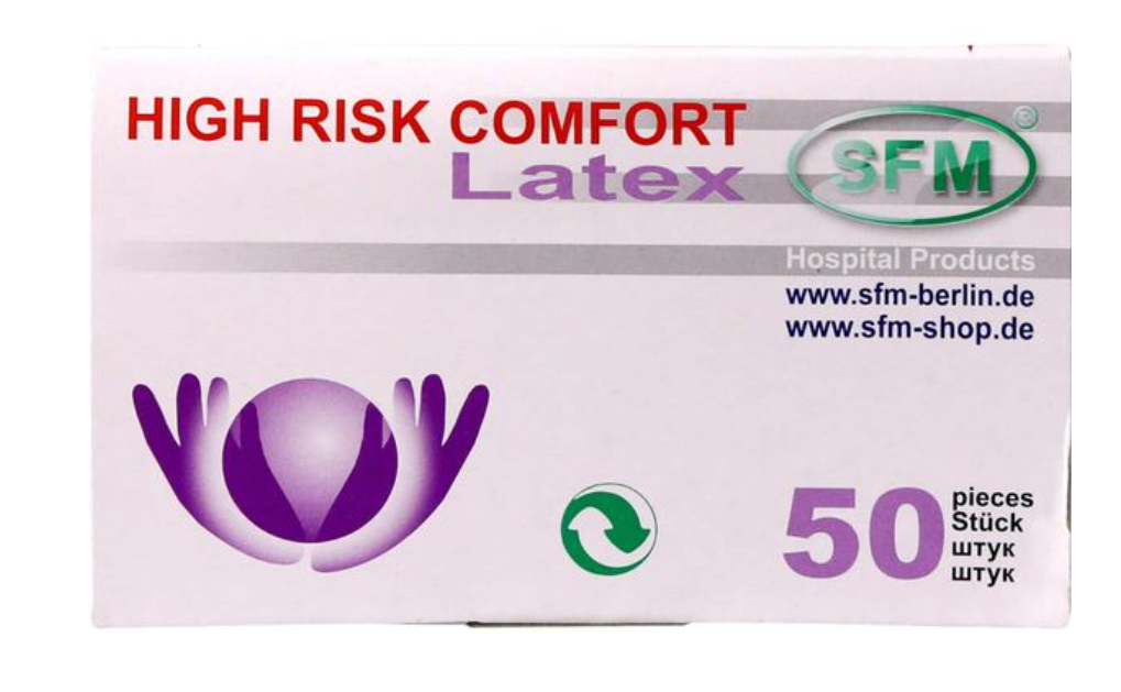 SFM Comfort High Risk Перчатки смотровые латексные текстурированные, L, перчатки неопудренные нестерильные, синего цвета, 50 шт.