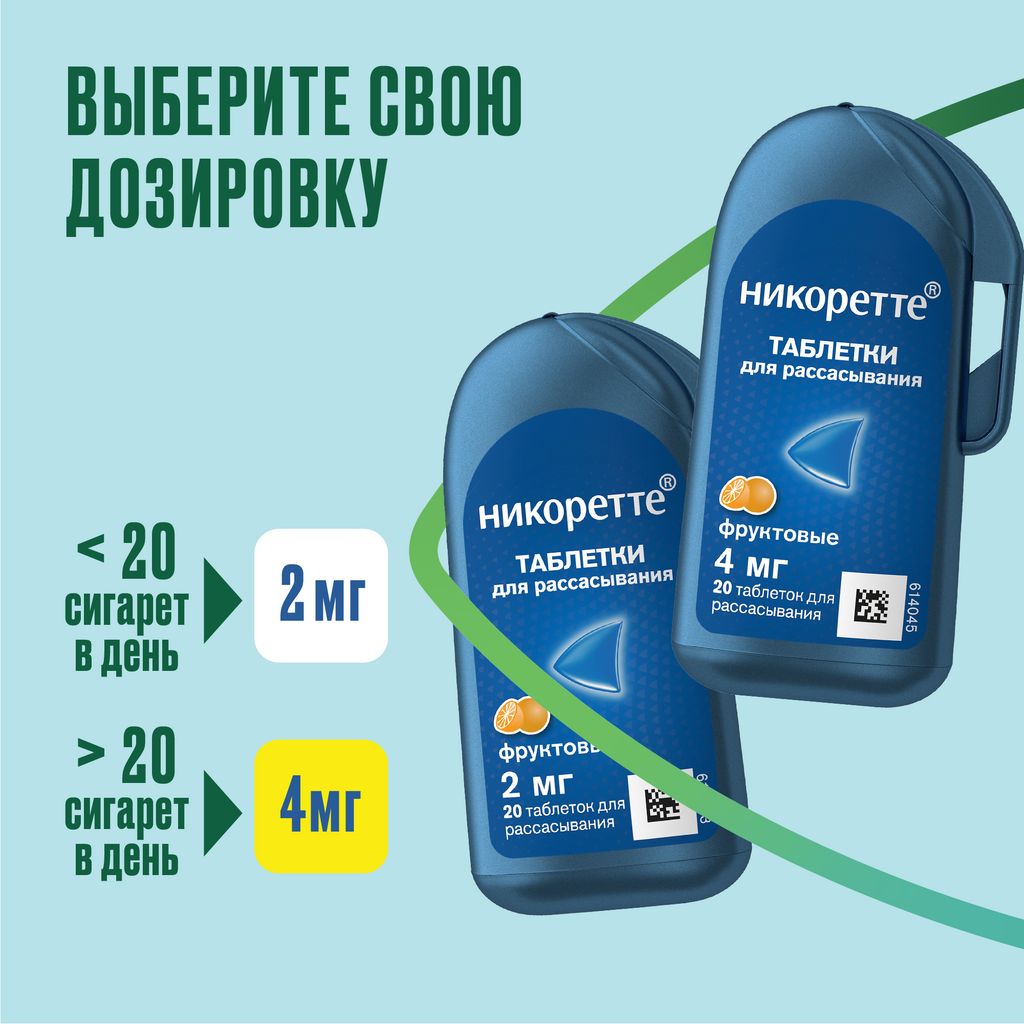 Никоретте, 2 мг, таблетки для рассасывания, фруктовый, 20 шт.