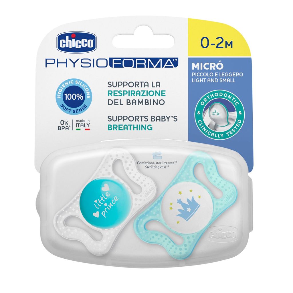 Chicco Physio Micro Пустышка силиконовая ортодонтическая, 0-2 месяца, голубого цвета, 2 шт.