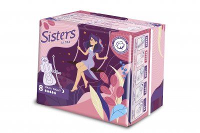 Sisters Ultra Maxi прокладки женские гигиенические, 5 капель, прокладки ночные, мягкая поверхность, 8 шт.